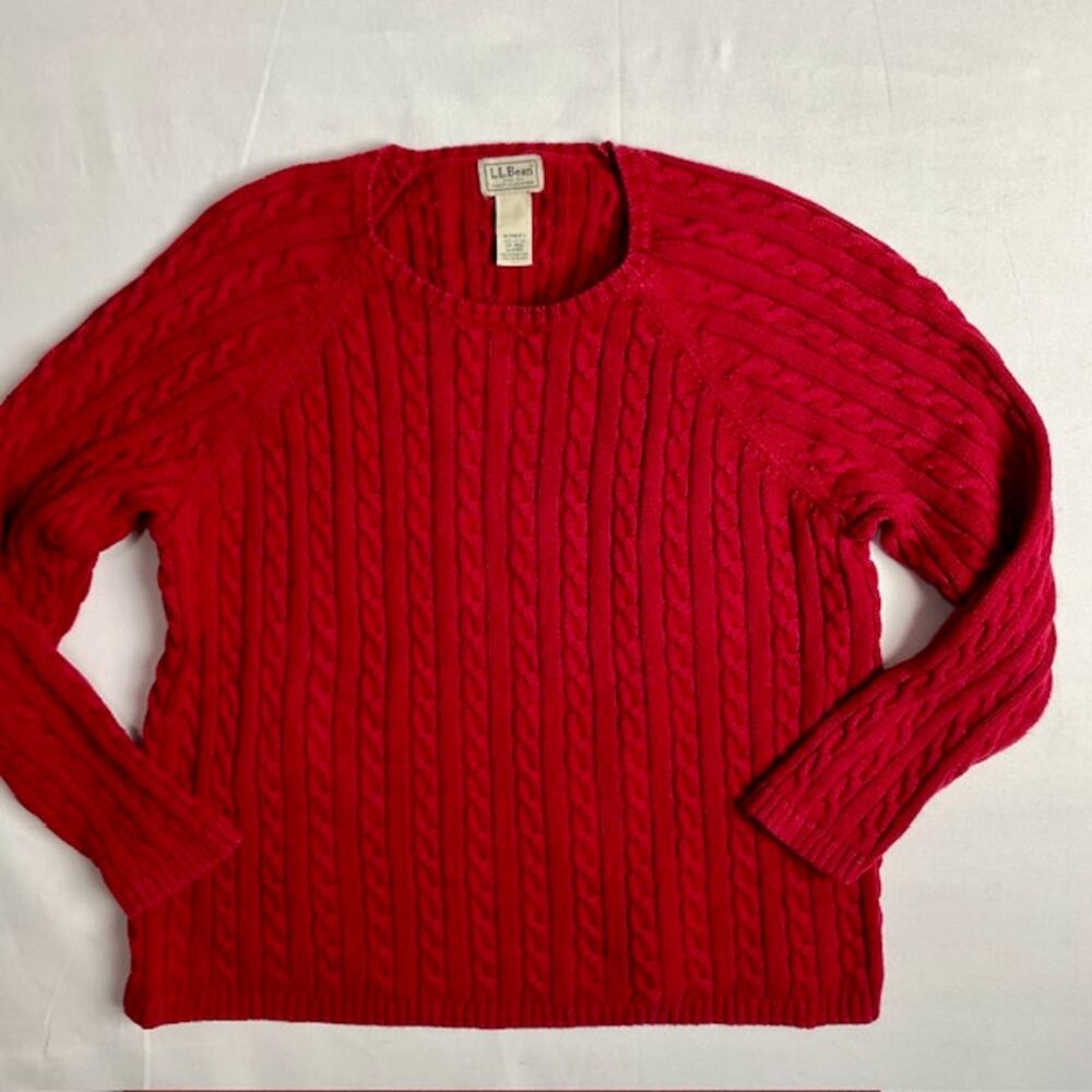 LL Bean Plus Size 2X Red Cable Knit Sweater Cotton Crewneck Chunky Summer